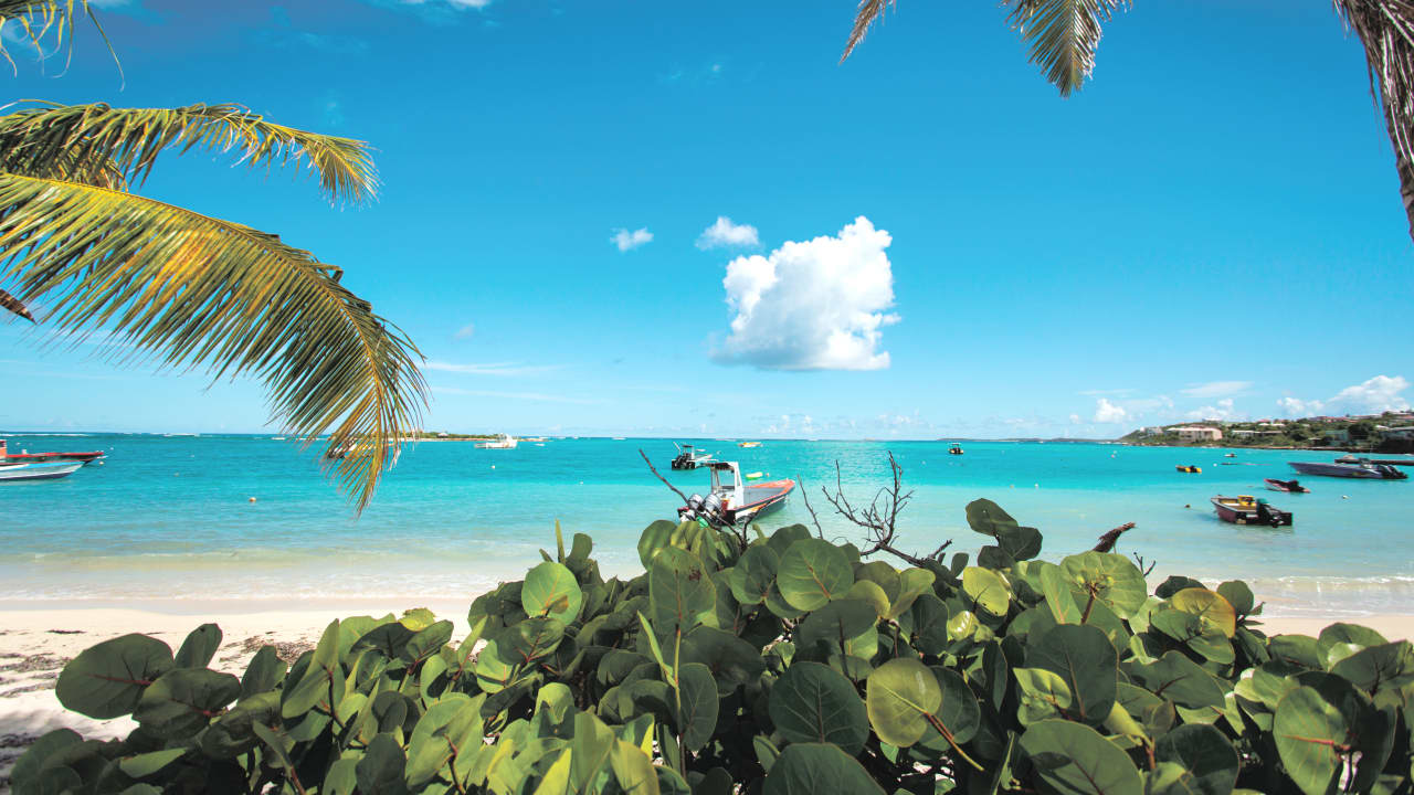 Sailing boat heading away from a white sandy shoreline across turquoise waters