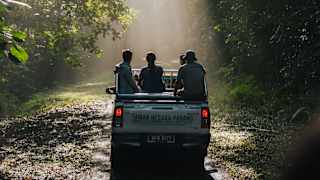 Silhouetted in a shaft of hazy sunshine, a truck carrying four people makes its way through the towering Taman Negara forest.