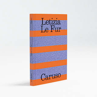 Upright copy of Caruso by Letizia Le Fur, with a simple cover of red and denim blue horizontal stripes and classic type font.