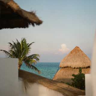 View of the sapphire sea, seen through the thatched roofs and white rendered walls of Maroma's suites.