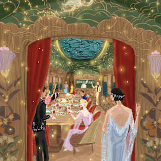 A concept of the Celia carriage, with diners in flapper dresses beneath an ornate ceiling, illustrated by Yukiko Noritak.