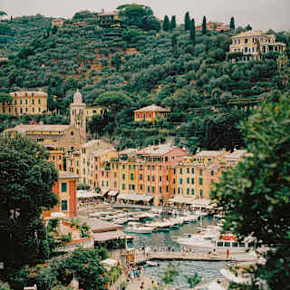View from Parco del Castello back towards the citrus-hued Portofino marina where boats cluster and people stroll either side.
