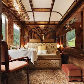 With walnut panelling, russet velvet seats and a carpet in swirling mushroom shades, La Forêt Suite glows with warm tones.