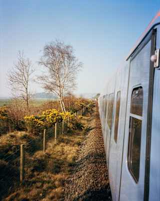 A view from the side of a moving train, showing leafless trees, green bushes, and a stone-lined railway track under a clear blue sky.