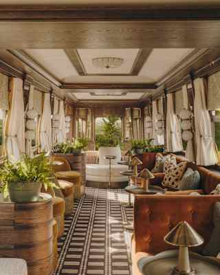 A luxurious vintage train carriage interior with large windows, cream curtains, patterned flooring, plush sofas, plants, and decorative cushions, creating an elegant and cosy atmosphere while the scenery blurs outside.