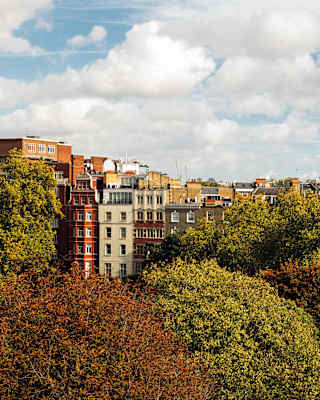 Red and gold treetops of Cadogan Place Square give way to distant views of City towers and the crown of the London Eye