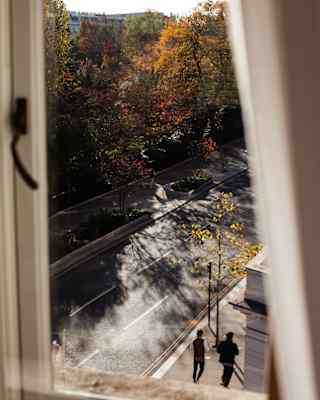 Two figures walk along a sunny London street lined with autumnal trees, viewed past a parted curtain from a window above.