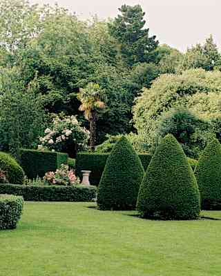 David Wynne's Girl With Doves bronze sculpture stands in lush stocked gardens with emerald lawn and four conical yews.