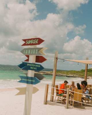 A colourful beach sign points in various directions near people sitting under a canopy by the sea, with blue sky, clouds, and waves in the background.