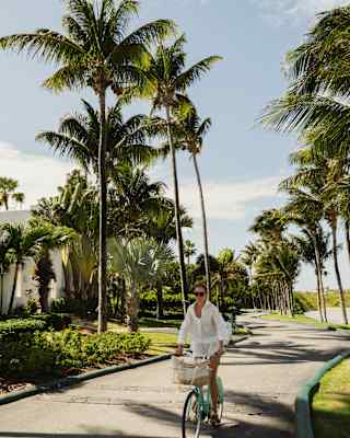 A woman in a loose white dress cycles towards the camera in a view along a Bay Pond path lined with palm trees.