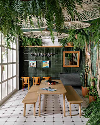 A window wall brings light into the nature-themed Kids Club, with hanging ferns and walls with green tiles and jungle murals.