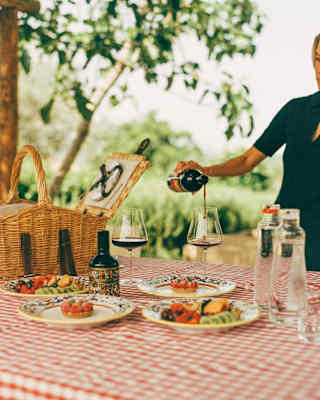 A woman in black pours red wine into one of two wineglasses at a red-checked picnic table with fruit plates and a hamper.