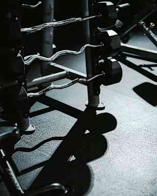 A rack of barbells and dumbbells casts dramatic shadows on the gym floor, in an almost monochrome contrast, seen close-up.