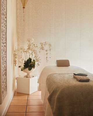 Spa massage table next to an ornate potted orchid plant
