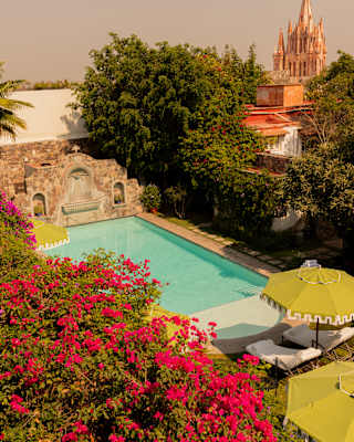 High-angle view over gardens, capturing red blooms, the serene swimming pool, and San Miguel Allende's pink church beyond.