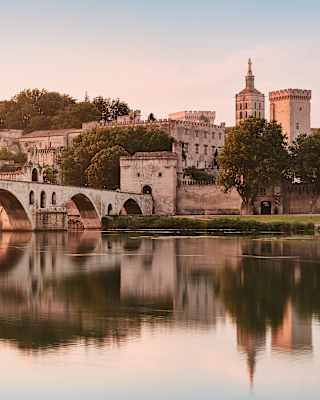 The medieval arches of Pont Saint-Bénézet bathed in a rose light at dusk