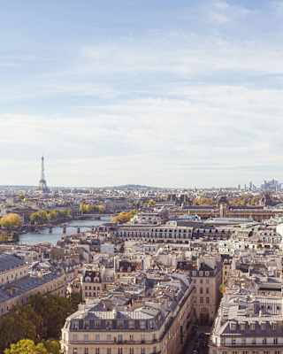 High-angle view over Paris, capturing the city's grid-like arrangement of Haussmannian buildings, the Seine and Eiffel Tower.