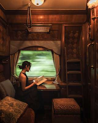 A woman reads at a window table as green verges rush past, seen in a rich-toned cabin with marquetry panels and warm fabrics.
