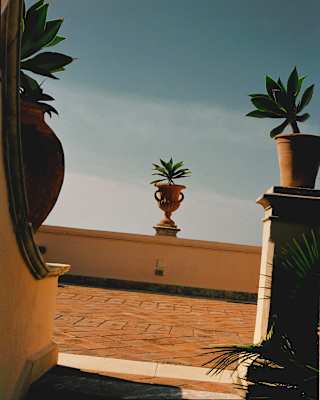 Detail of three ornamental urns containing succulents on the walls bordering a terracotta pathway, with a blue sky behind.
