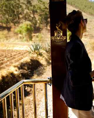 A woman facing the landscapes, resting against a pillar of the Observation Car