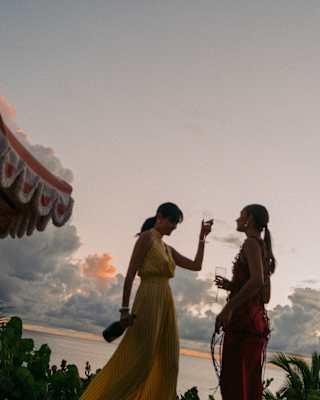 Angled low-angle view of two women in dresses enjoying conversation and drink, one raising a glass against a dusk sky.