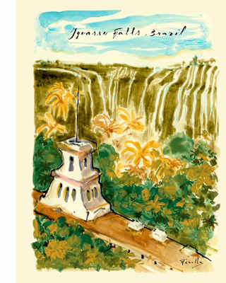 A painted illustration by Italian fashion artist Andrea Ferolla, capturing the hues and movement of the Iguassu Falls.
