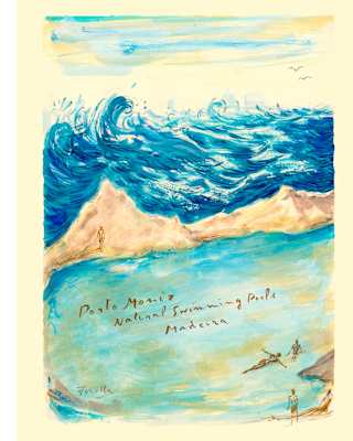 A painting of waves surrounding figures, swimming in a sheltered bay, entitled Porto Moniz, Madeira, by Andrea Ferolla.