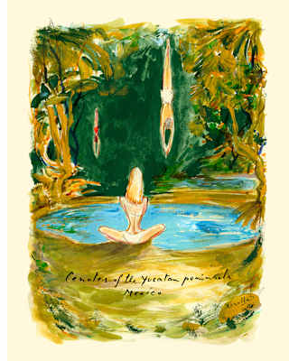 A woman sits by a pool as two figures dive from above, in Ferolla's painting of the Cenotes of the Yucatan Peninsula, Mexico.