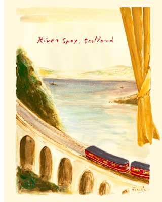 A train crosses an arched bridge in a view from above capturing water below in Ferolla's painting of the River Spey, Scotland.