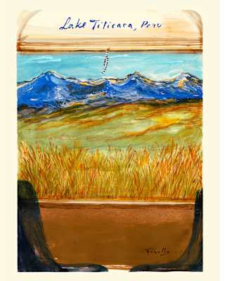 Ferolla's painting of a view through a train window of yellowish grasslands and blue mountains, entitled Lake Titicaca, Peru.