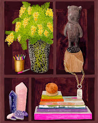 An artwork, Objects of Inspiration, depicts a bouquet, pen pot, bear figure and books, drawn in Sharpie by designer Laura Gonzalez.