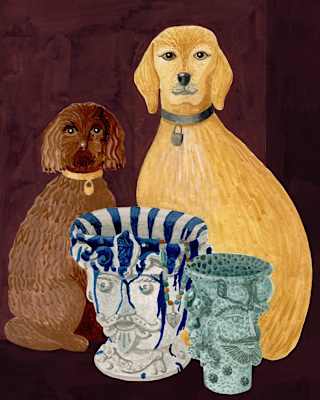 A sharpie artwork of porcelain dogs, one brown, one gold, with two ceramic head planters, by interior designer Laura Gonzalez.