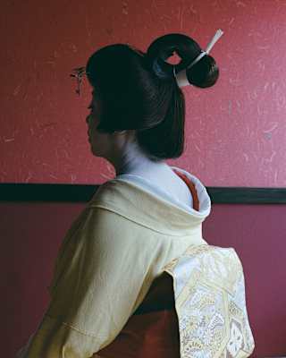 Photo by Cecy Young of a Geisha in a yellow kimono with a silk obi and a geika shimado wig, seen side-on against a red wall.
