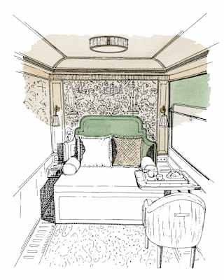 A line drawing of a Britannic Explorer cabin shows a window table and armchair, and a bed against a carved pattern wall.