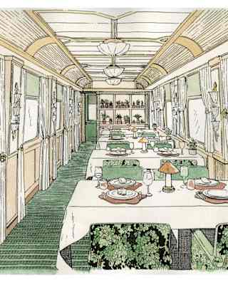 A sketch shows a green-themed Britannic Explorer dining car with four tables with botanic-print chairs along the right side.