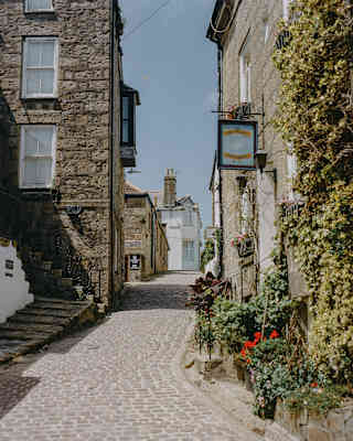 A narrow cobbled street winds uphill between old stone buildings, with plants and flowers decorating the fronts. A blue sky and a hanging sign are visible, suggesting a quaint, historic village setting.