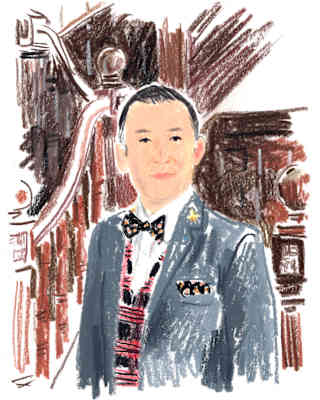 Illustration by Damien Cuypers of Toru Machida, Head Concierge at The Cadogan, in the lobby in a suit, waistcoat and bow-tie.