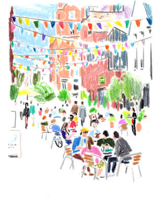 Illustration by Damien Cuypers of Pavilion Road in Chelsea, busy with people at outside tables under bright rainbow bunting.