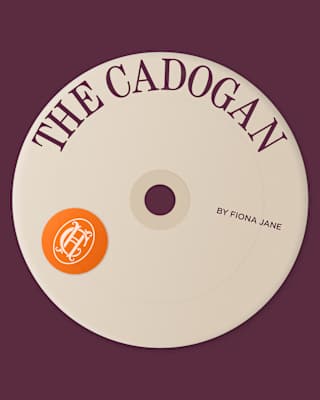 A cream disc with the words 'The Cadogan by Fiona Jane' and the CH monogram in an orange oval, set on a mauve background.