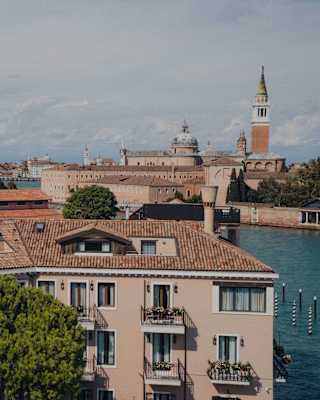 View from above the hotel over the Grand Canal to the Doge's Palace, also taking in the church dome of San Giorgio Maggiore.