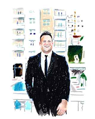 Crayon illustration of Anderson Azevedo, Head Concierge at Copacabana Palace, wearing a black suit, by artist Damien Cuypers.