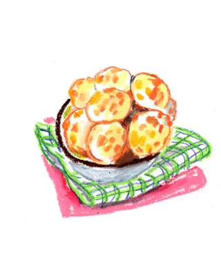 Bright crayon illustration by Daniel Cuypers of a bowl of Pão de Queijo puffed cheese bread rolls on a green checked napkin.