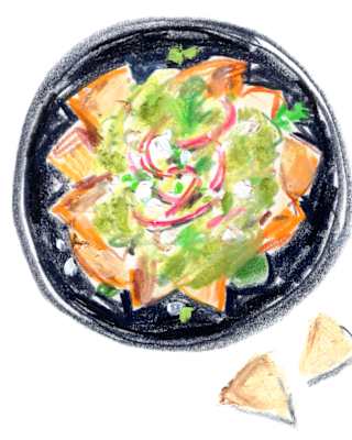 Vibrant crayon sketch by Damien Cuypers of a traditional breakfast dish of chilaquiles, with salsa, sour cream and coriander.