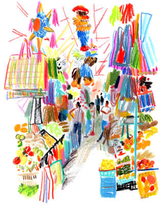 Bright sketch by Damien Cuypers looking through a market selling produce, bags and decorations, in San Miguel de Allende.
