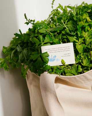 A card tucked into a jute bag filled with greens suggests the reader takes a walk in the vegetable gardens to gather herbs.