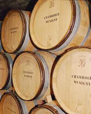Close-up of six wooden barrels stacked in a cellar bearing the Côte d’Or Burgundy winery name and logo of Chambolle Musigny.