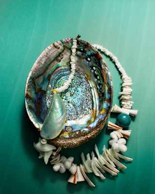 A necklace made with shell fragments and a mother-of-pearl mussel shell lies across a nacre abalone shell, on a teal surface.