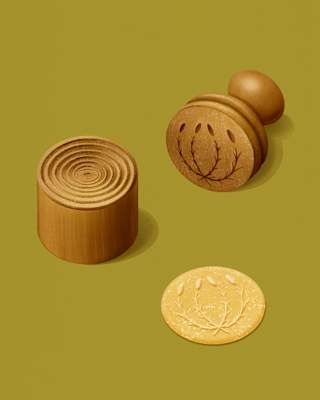 Illustration of a corzetto pasta disc next to the wooden stamp top and base which has given it a debossed floral pattern.