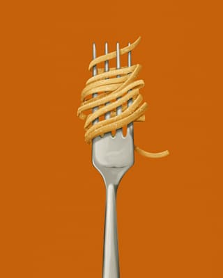 Illustration of Trenette - slim, flat strands of pasta - twisted around a fork and held up against a deep orange background.
