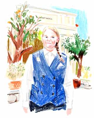 A crayon illustration by Damien Cuypers of the Head Concierge, Caterina Cucuzza, with a blonde plait and blue waistcoat.